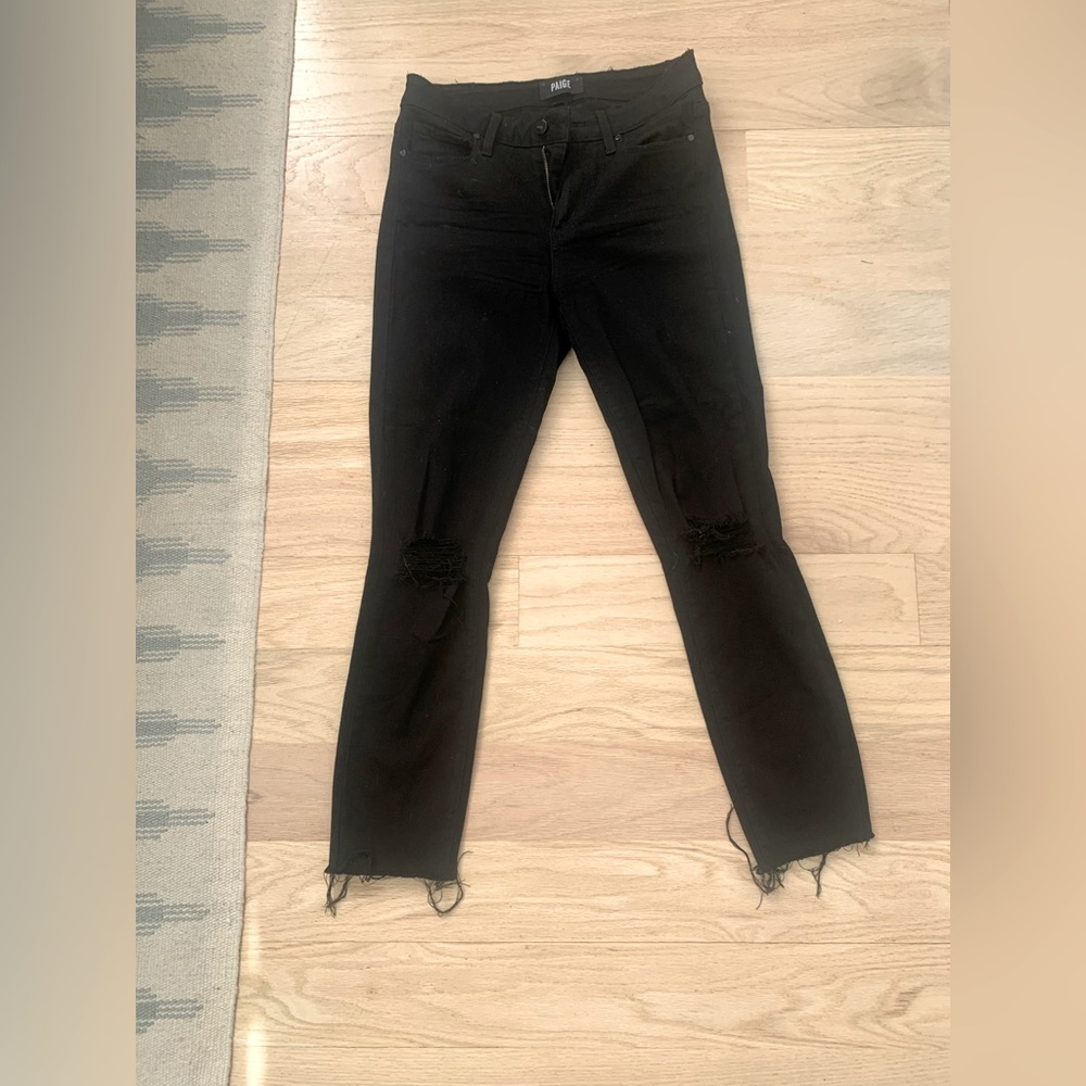 Paige ripped knee and frayed ankle black skinny jeans